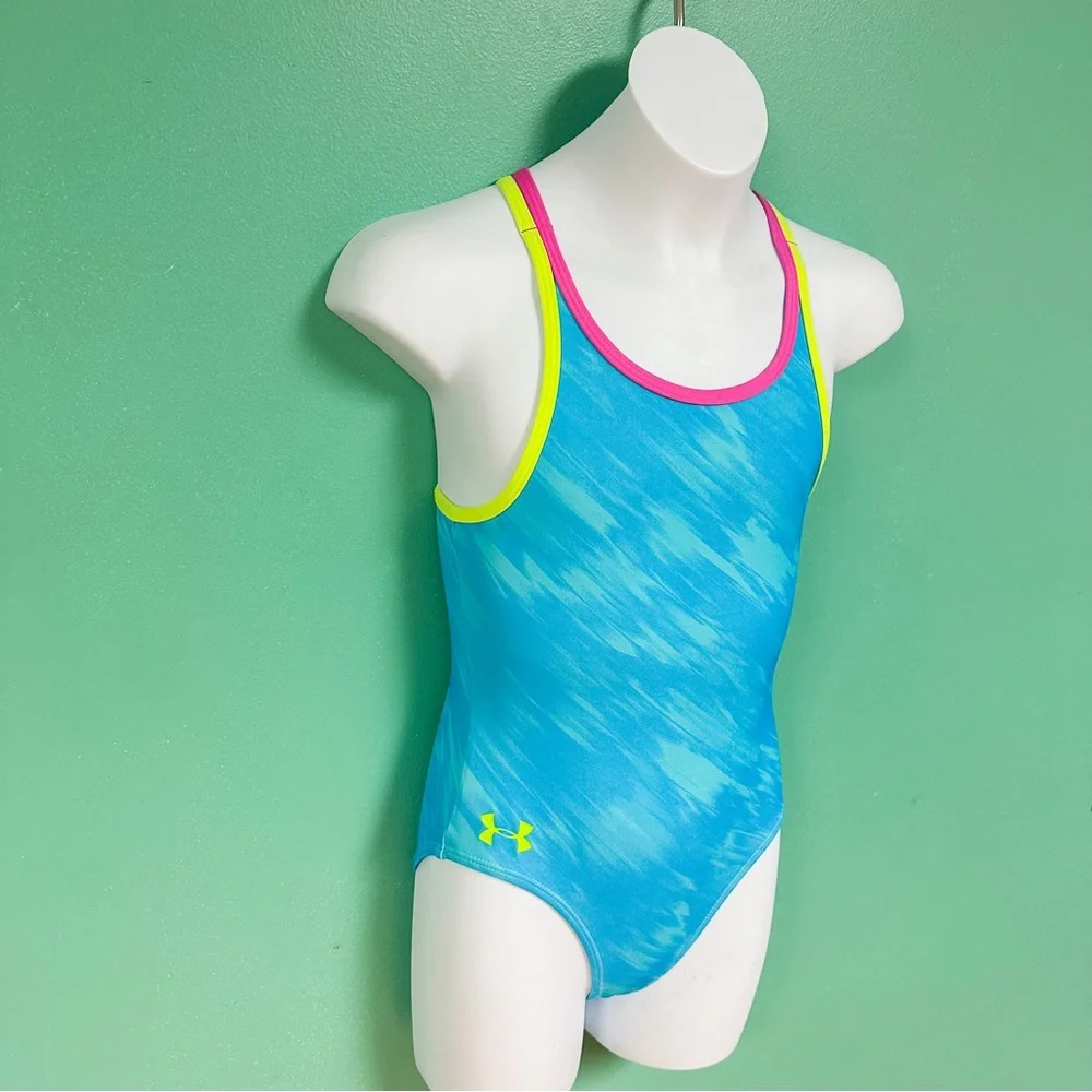 Under Armour Neon Blue Yellow & Pink Double Racerback One Piece Swimsuit Size 7